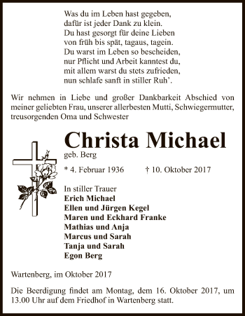 Traueranzeige von Christa Michael von Uelzen