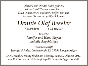 Traueranzeige von Dennis Olaf Beseler von Uelzen