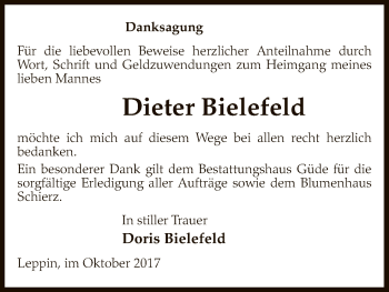 Traueranzeige von Dieter Bielefeld von Uelzen