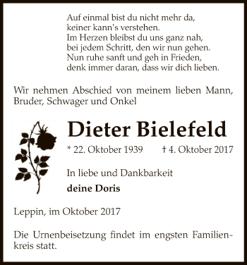 Traueranzeige von Dieter Bielefeld von Uelzen