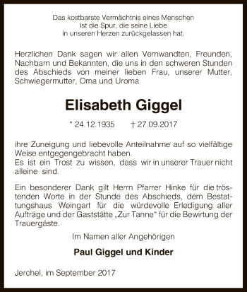 Traueranzeige von Elisabeth Giggel von Uelzen