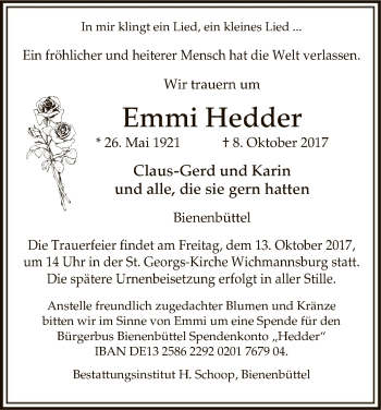 Traueranzeige von Emmi Hedder von Uelzen