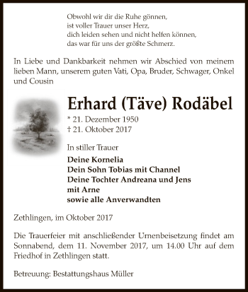 Traueranzeige von Erhard Täve Rodäbel von Uelzen