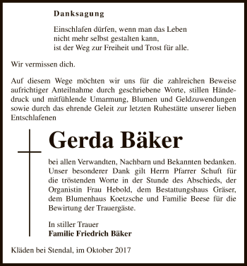 Traueranzeige von Gerda Bäker von Uelzen