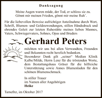 Traueranzeige von Gerhard Peters von Uelzen