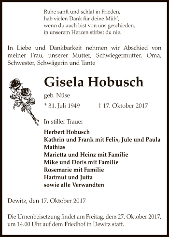 Traueranzeige von Gisela Hobusch von Uelzen