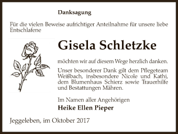 Traueranzeige von Gisela Schletzke von Uelzen