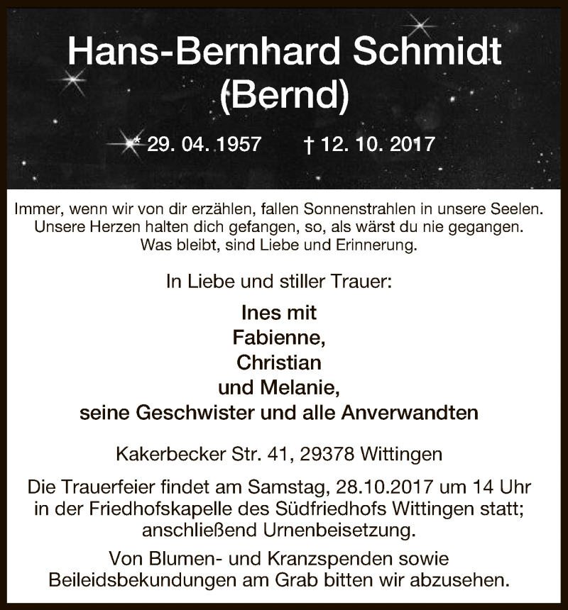  Traueranzeige für Hans-Bernhard Schmidt vom 18.10.2017 aus Uelzen