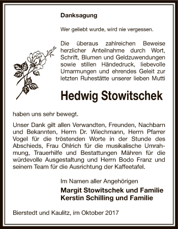 Traueranzeige von Hedwig Stowitschek von Uelzen