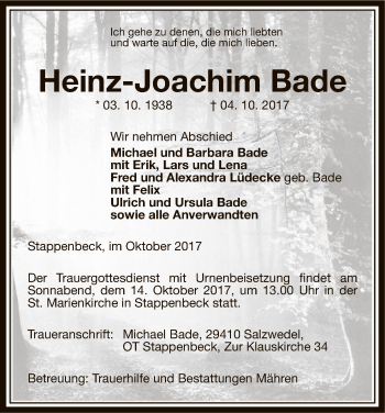 Traueranzeige von Heinz-Joachim Bade von Uelzen