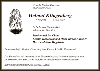 Traueranzeige von Helmut Klingenberg von Uelzen