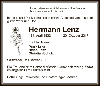 Traueranzeige von Hermann Lenz von Uelzen