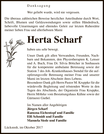 Traueranzeige von Herta Scharf von Uelzen