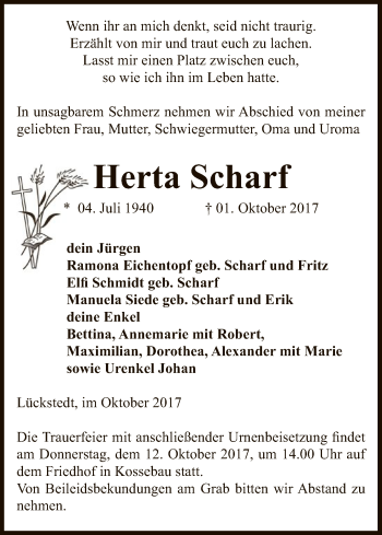 Traueranzeige von Herta Scharf von Uelzen