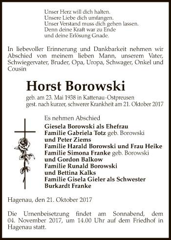 Traueranzeige von Horst Borowski von Uelzen