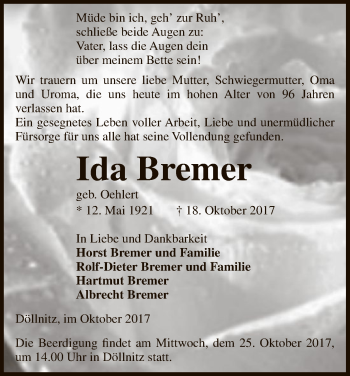 Traueranzeige von Ida Bremer von Uelzen