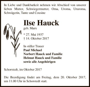 Traueranzeige von Ilse Hauck von Uelzen