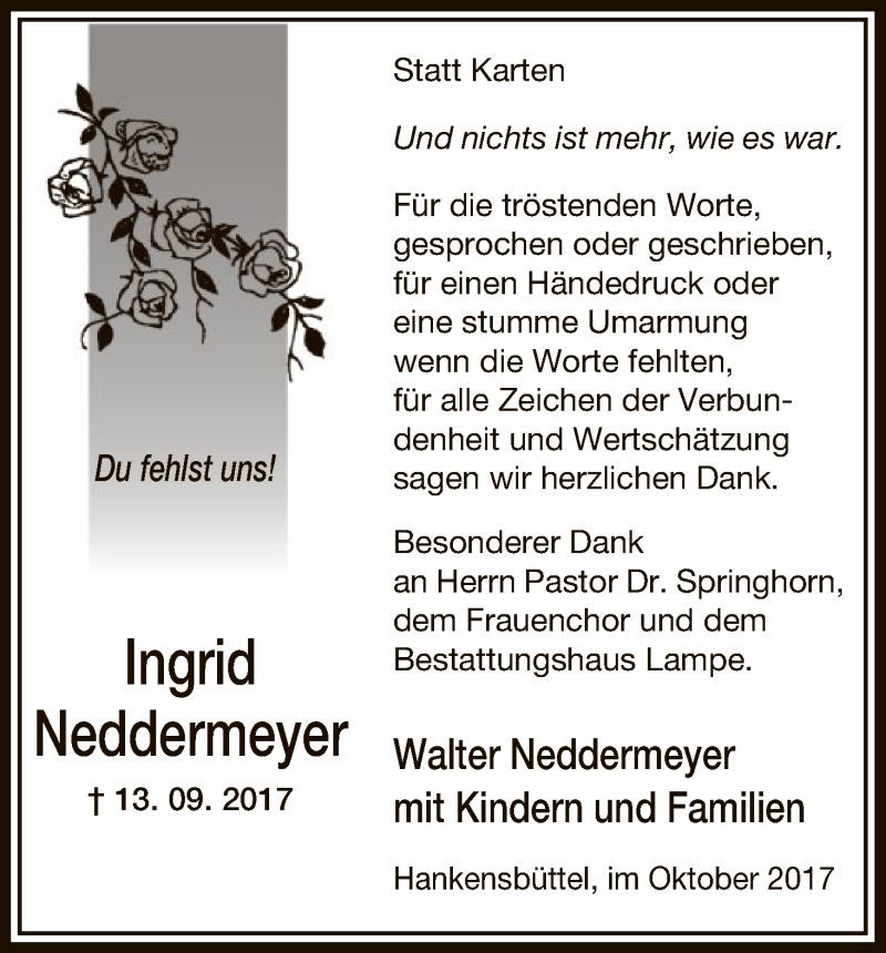  Traueranzeige für Ingrid Neddermeyer vom 07.10.2017 aus Uelzen