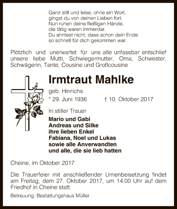 Traueranzeige von Irmtraut Mahlke von Uelzen