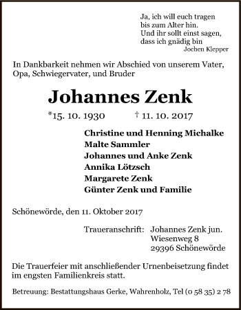 Traueranzeige von Johannes Zenk von Uelzen