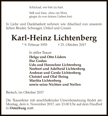 Traueranzeige von Karl-Heinz Lichtenberg von Uelzen