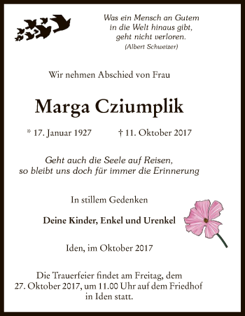 Traueranzeige von Marga Cziumplik von Uelzen