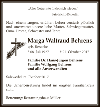 Traueranzeige von Marga Waltraud Behrens von Uelzen