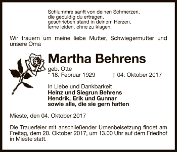 Traueranzeige von Martha Behrens von Uelzen