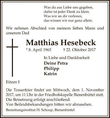 Traueranzeige von Matthias Hesebeck von Uelzen