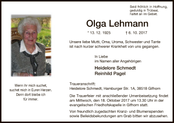 Traueranzeige von Olga Lehmann von Uelzen