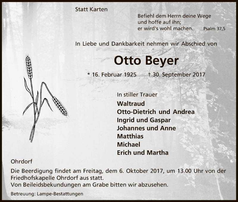  Traueranzeige für Otto Beyer vom 04.10.2017 aus Uelzen