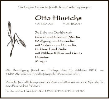 Traueranzeige von Otto Hinrichs von Uelzen