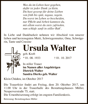 Traueranzeige von Ursula Walter von Uelzen