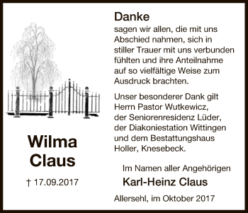 Traueranzeige von Wilma Claus von Uelzen