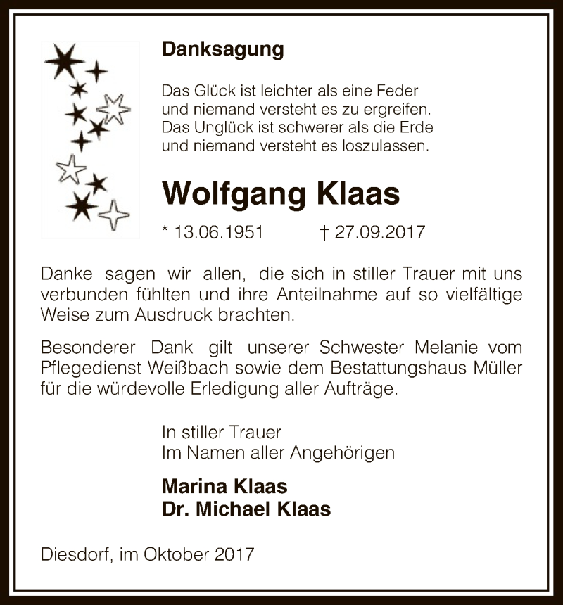 Traueranzeige für Wolfgang Klaas vom 20.10.2017 aus Uelzen