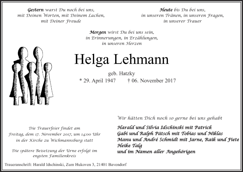  Traueranzeige für Helga Lehmann vom 11.11.2017 aus 