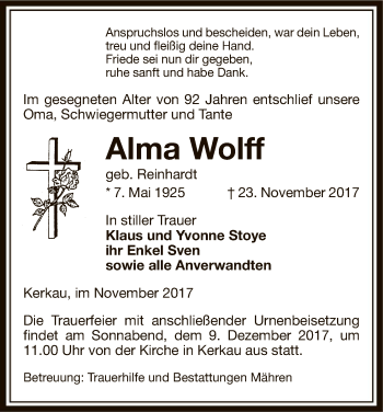 Traueranzeige von Alma Wolff von Uelzen