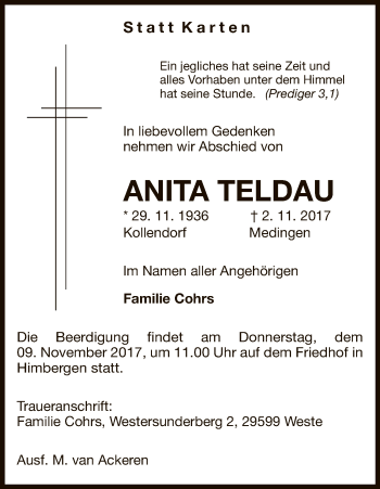 Traueranzeige von Anita Teldau von Uelzen