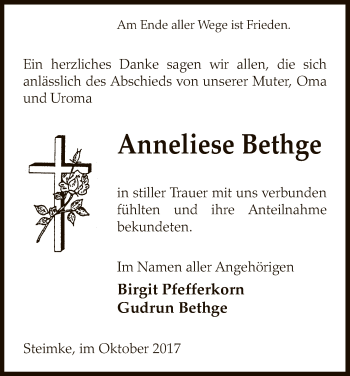 Traueranzeige von Anneliese Bethge von Uelzen