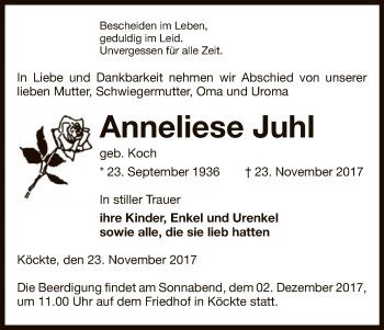 Traueranzeige von Anneliese Juhl von Uelzen