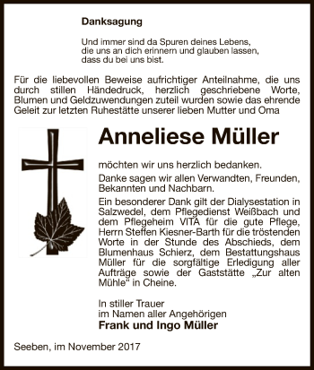 Traueranzeige von Anneliese Müller von Uelzen