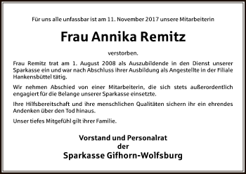 Traueranzeige von Annika Remitz von Uelzen