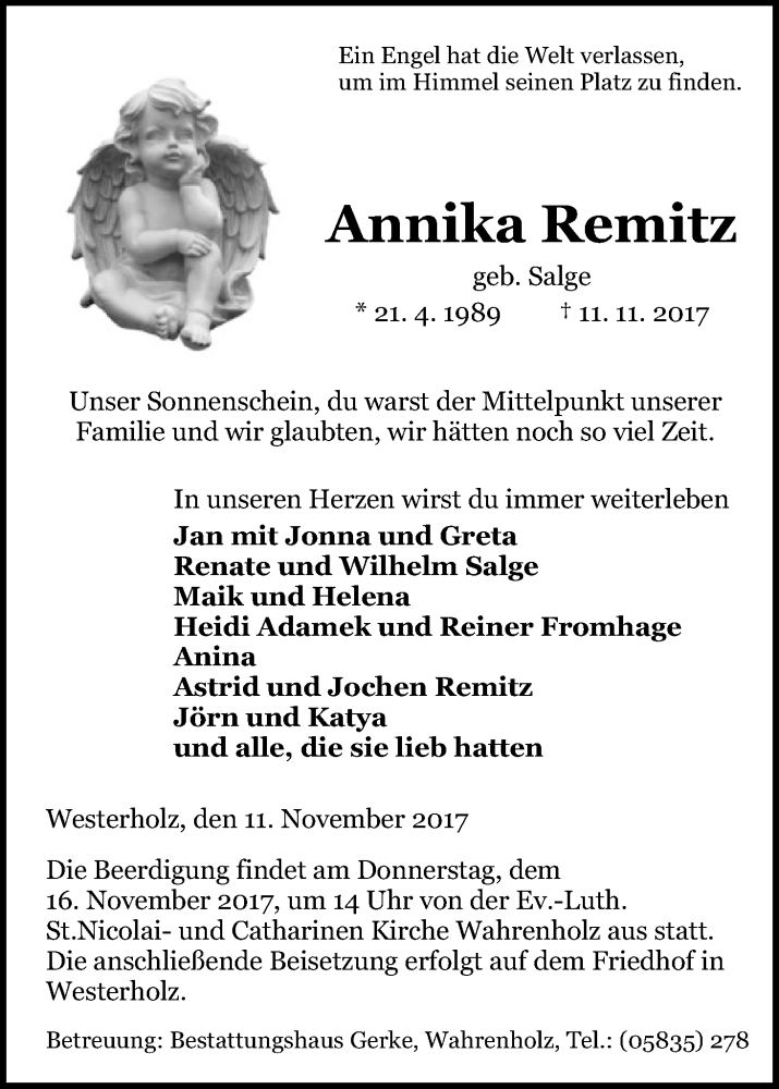  Traueranzeige für Annika Remitz vom 14.11.2017 aus Uelzen