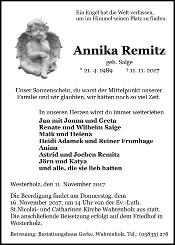 Traueranzeige von Annika Remitz von Uelzen