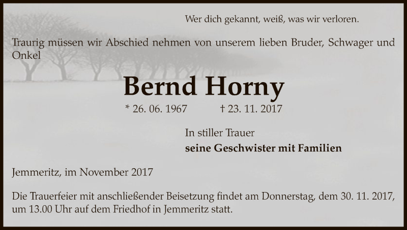  Traueranzeige für Bernd Horny vom 25.11.2017 aus Uelzen