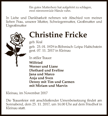 Traueranzeige von Christine Fricke von Uelzen