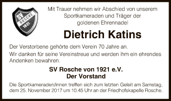 Traueranzeige von Dietrich Katins von Uelzen