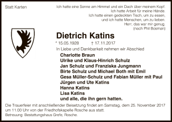 Traueranzeige von Dietrich Katins von Uelzen