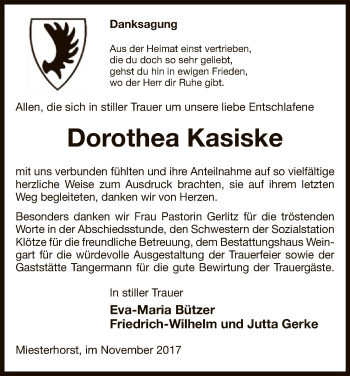 Traueranzeige von Dorothea Kasiske von Uelzen