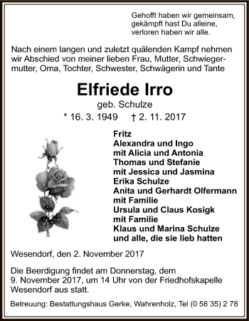 Traueranzeige von Elfriede Irro von Uelzen